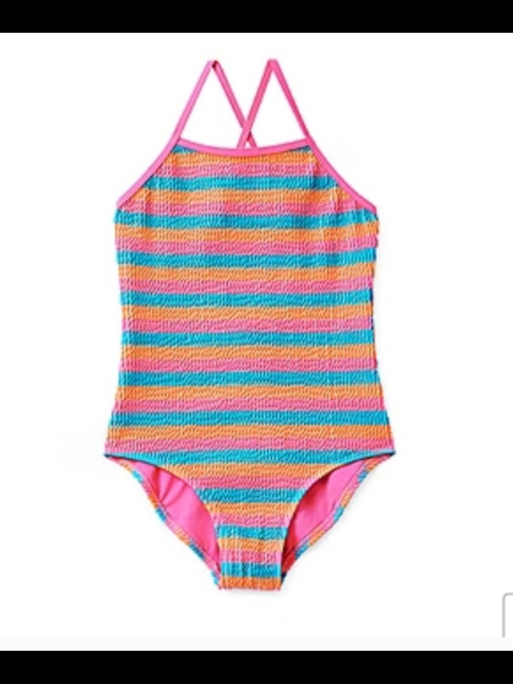 Girls Striped One-Piece Swimsuit with Pink Trim 7/8